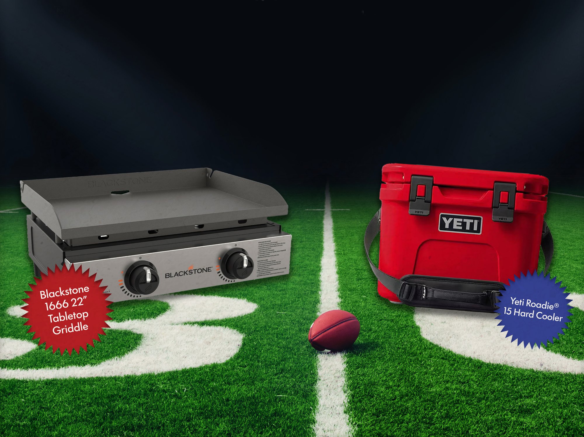Blackstone Tabletop Griddle and YETI Cooler on football field background. 