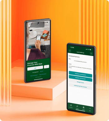 Two mobile phones upright open to Legacy Bank App with orange background