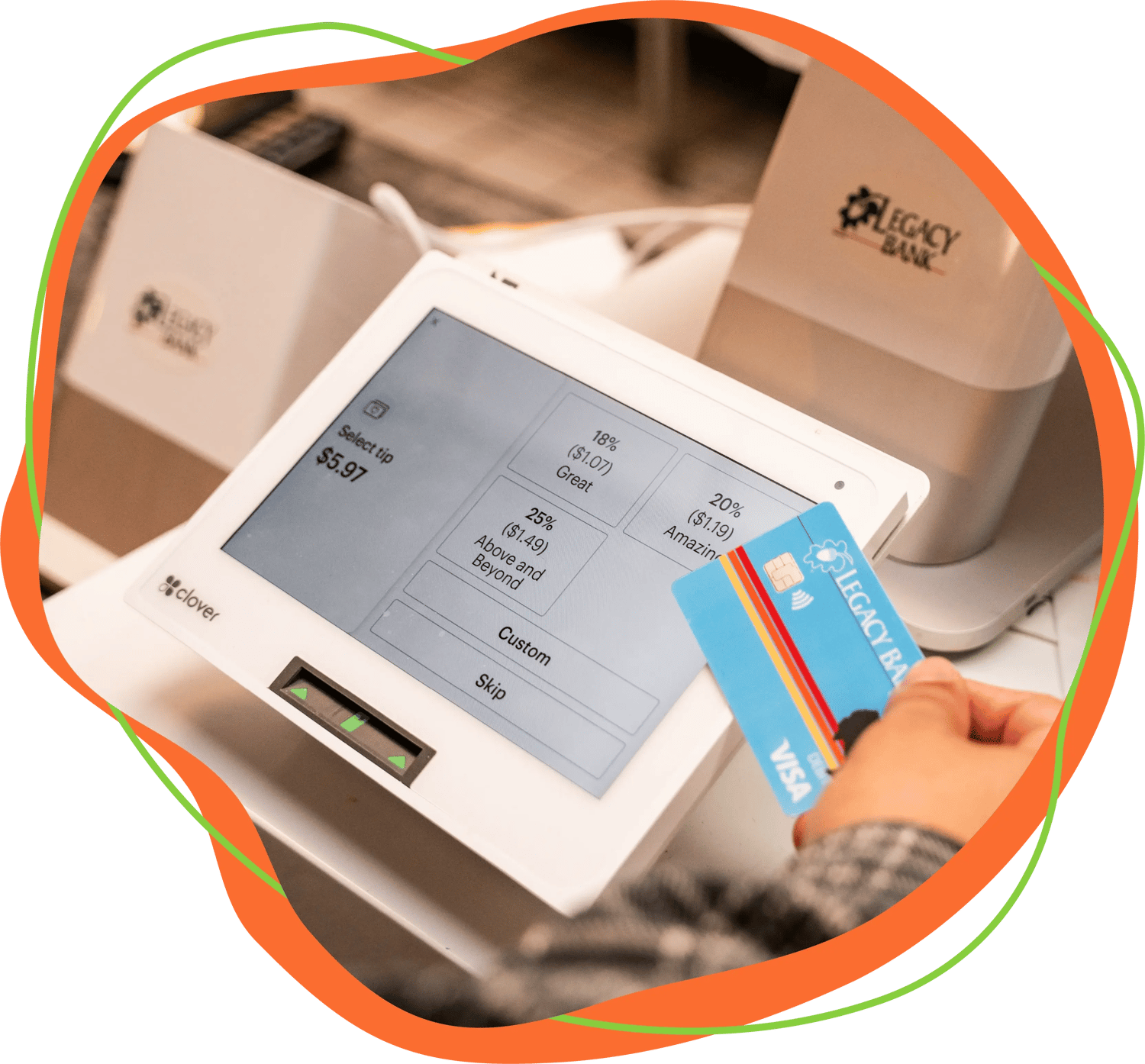 Blue Legacy Bank card paying on a POS by clover.
